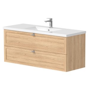 Tvättställsskåp Craftwood Naturligt Trä Bleached Oak Matt 120 cm med Handfat Vit Blank