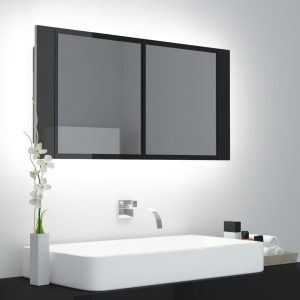 vidaXL Spegelskåp för badrum LED svart högglans 90x12x45 cm akryl
